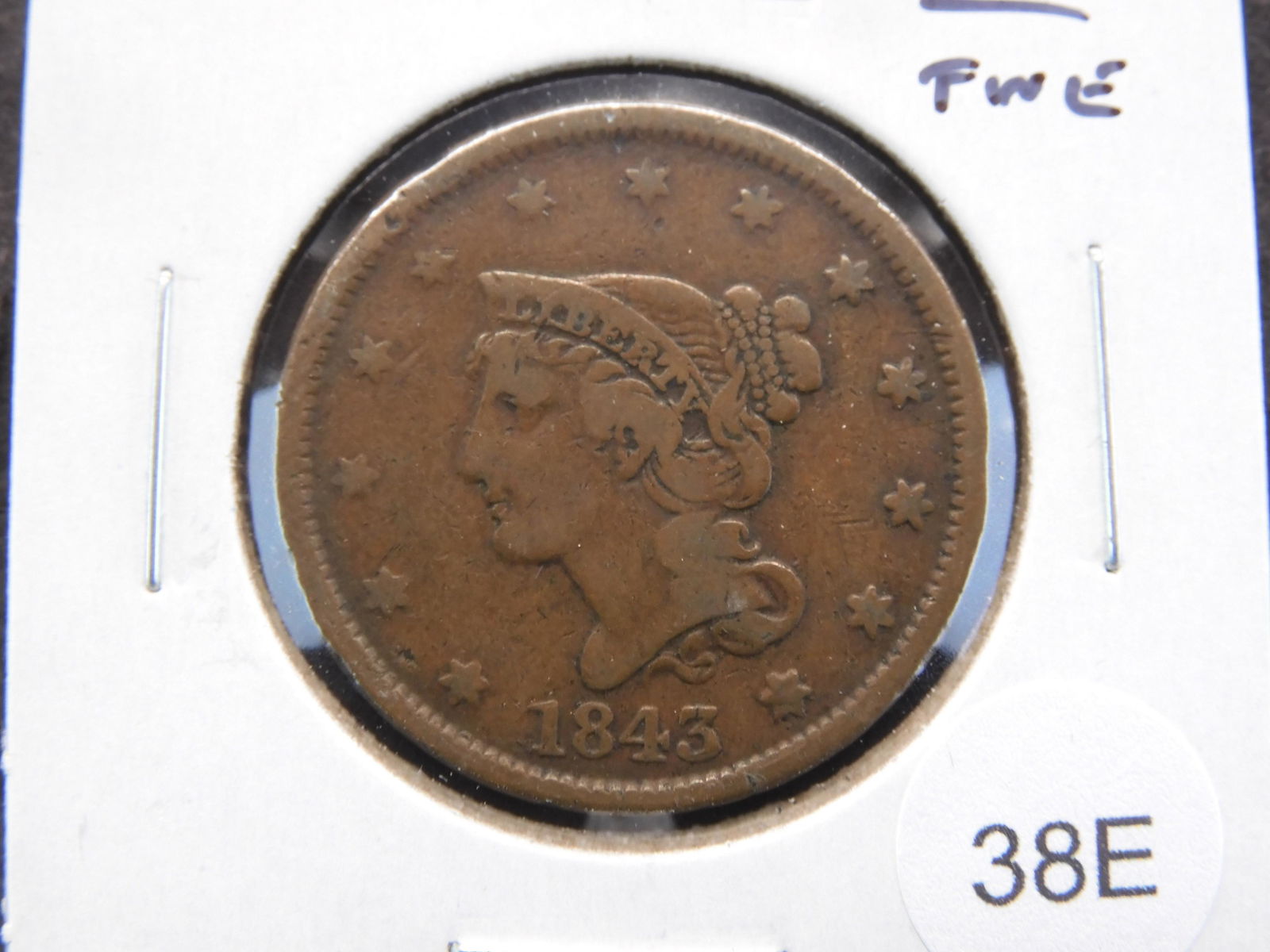 1843 Large Cent.  Fine. (1 of 3)