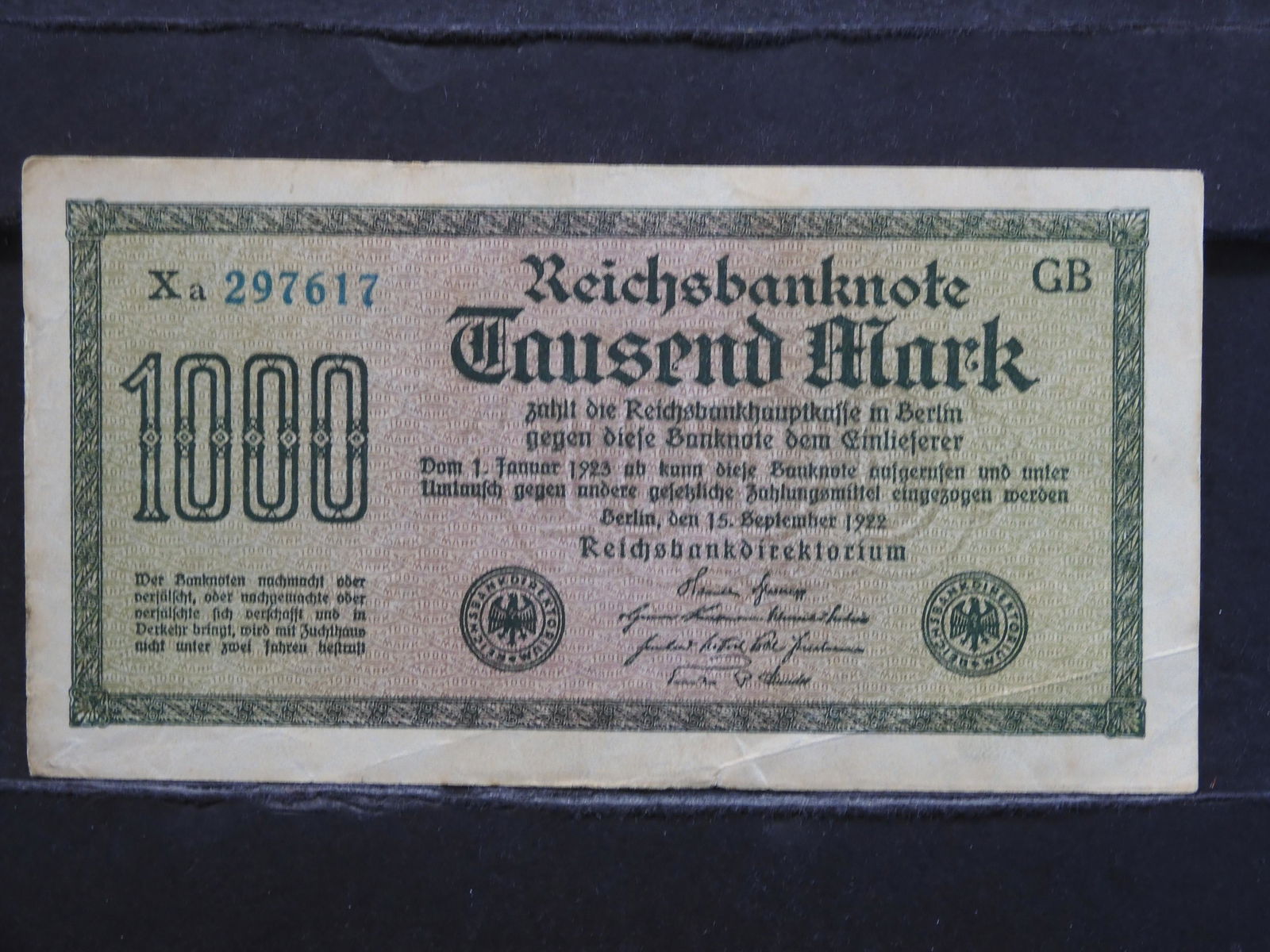 1922 GERMAN (CRISP) 1000K MARK BANKNOTE (WEIMAR (1 of 3)