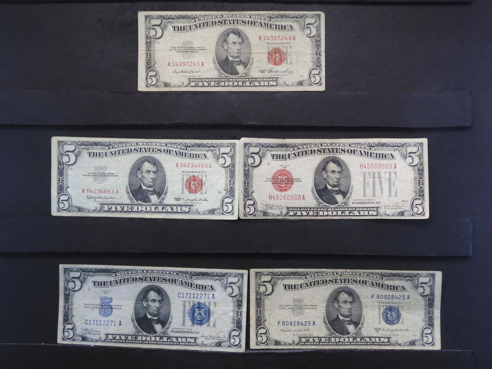 (5) different $5 Notes. Red Seals: 28E, 53, and 63, (1 of 4)
