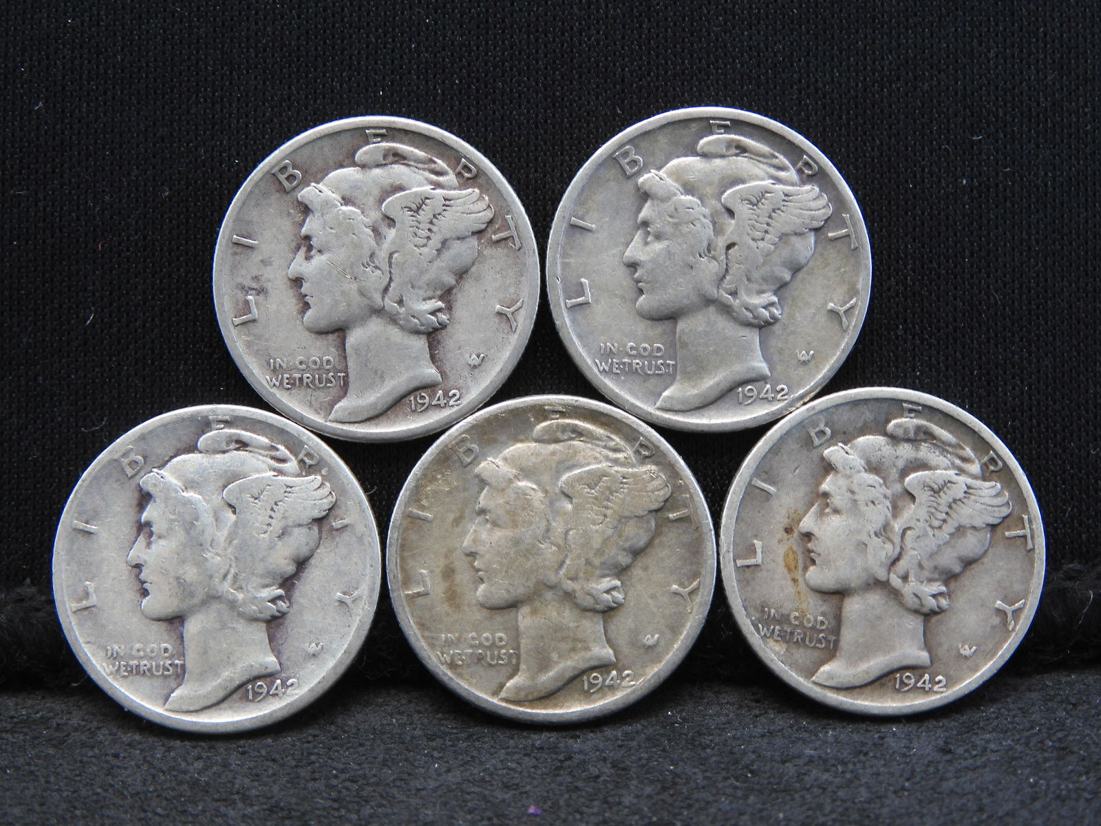 Five 1942 Mercury Dimes One W/S Mint Mark (1 of 2)