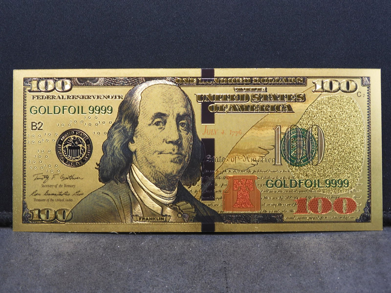 Gold Foil 100 Dollar Note w/Red Bell Not Legal Tender (1 of 2)