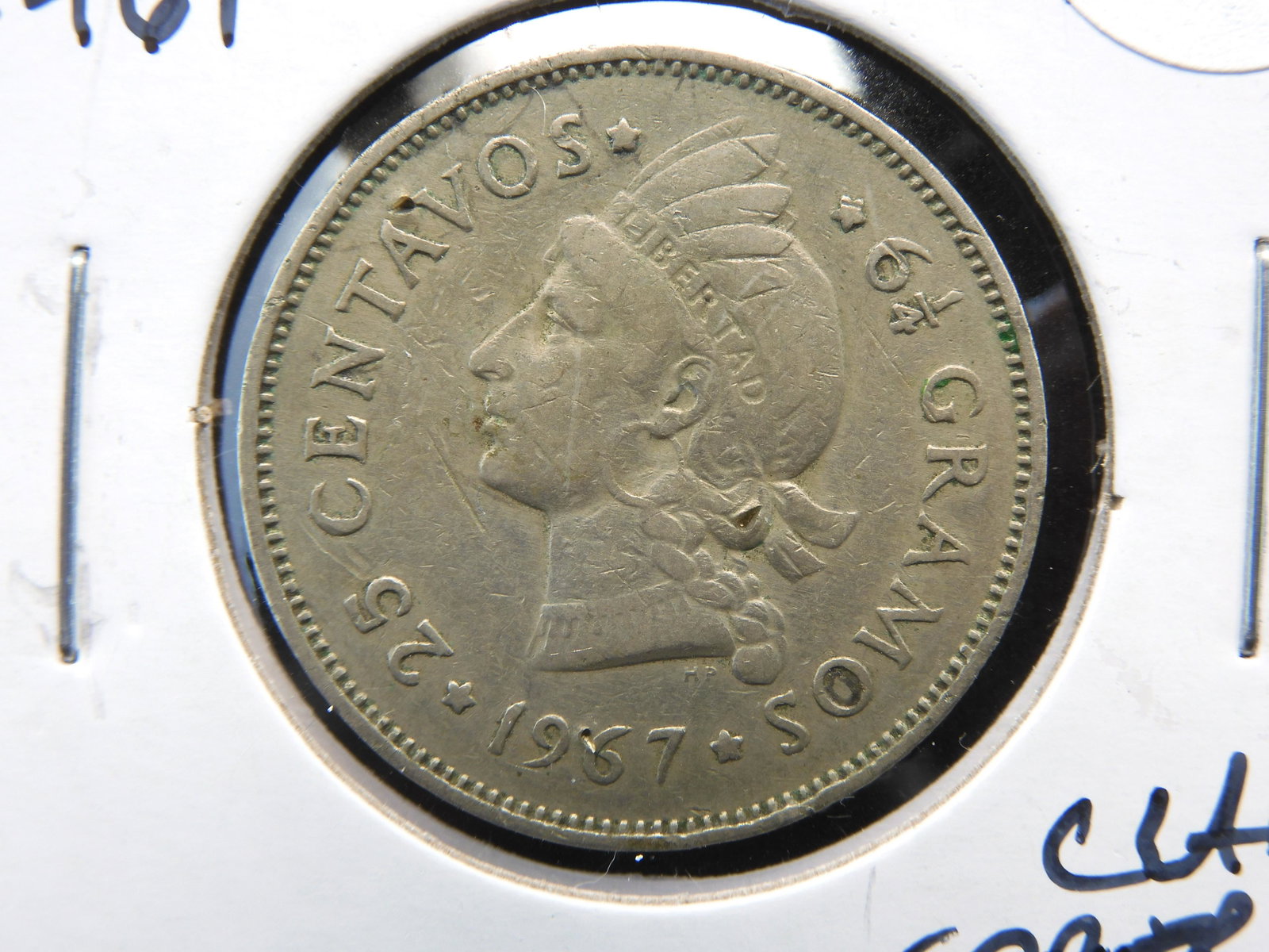 1967 Dominican Republic 25CTVS KM#20a.1; Native: 1967 Dominican Republic 25CTVS KM#20a.1; Native Princess Clad Cork Nickel