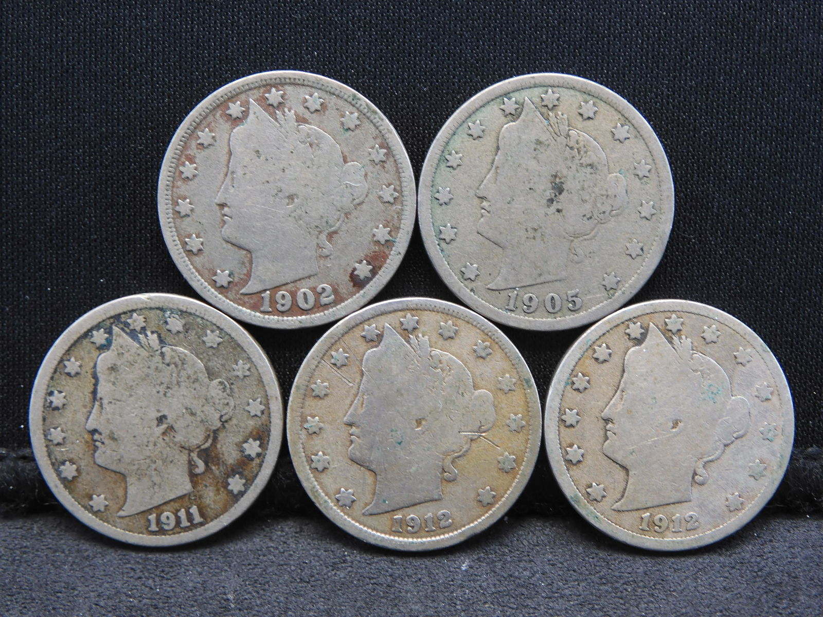Five Liberty Head V Nickels - 1902, 05, 11, 12, 12 (1 of 2)