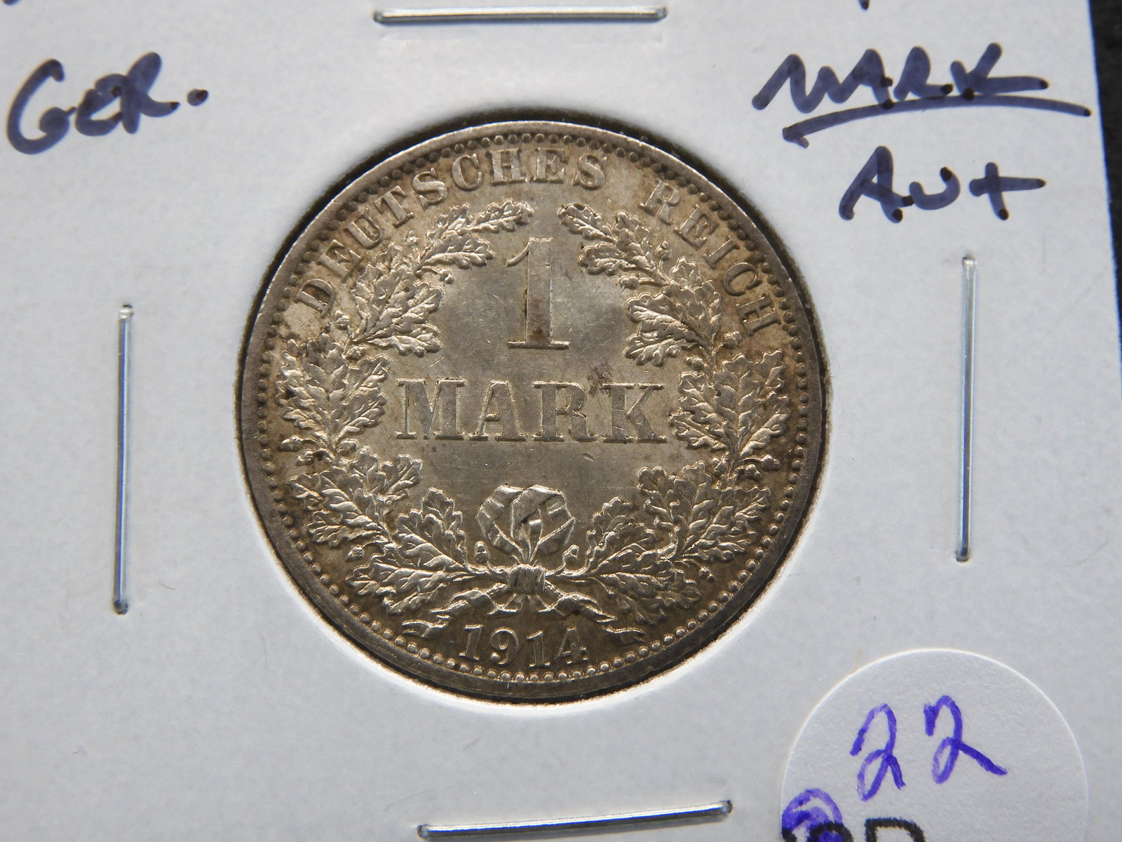 1914 Germany Silver 1 Mark.  AU+. (1 of 3)