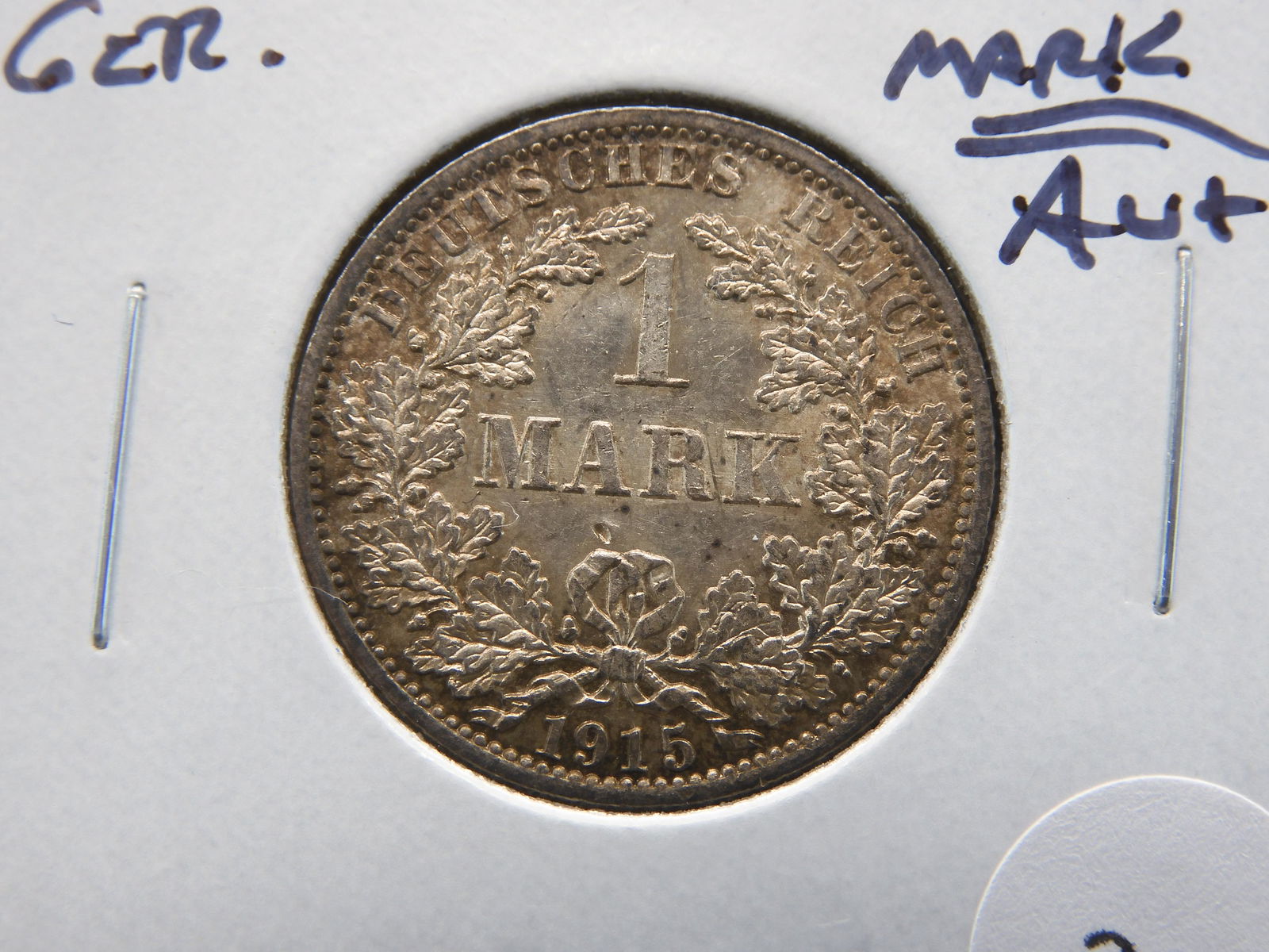 1915 Germany Silver 1 Mark.  AU+. (1 of 3)