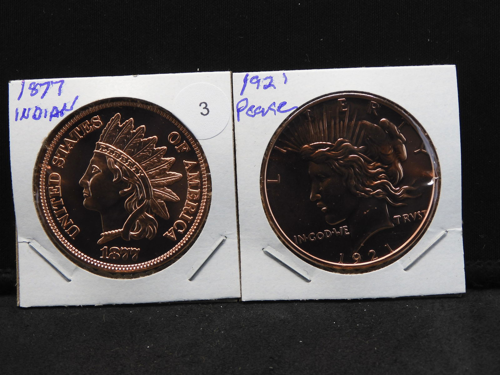 (2) One Troy Ounce Copper Rounds:  1877 Indian and 1921 (1 of 5)