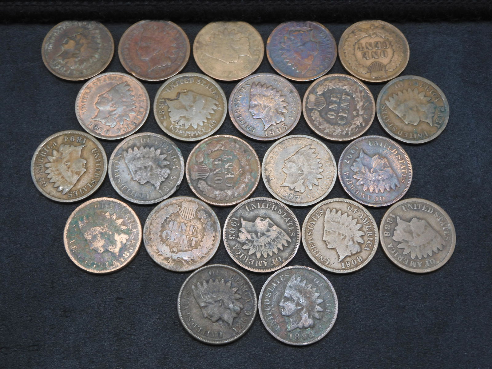 1887 to 1908 Indian Head Cent 22 Coins Complete Date (1 of 3)