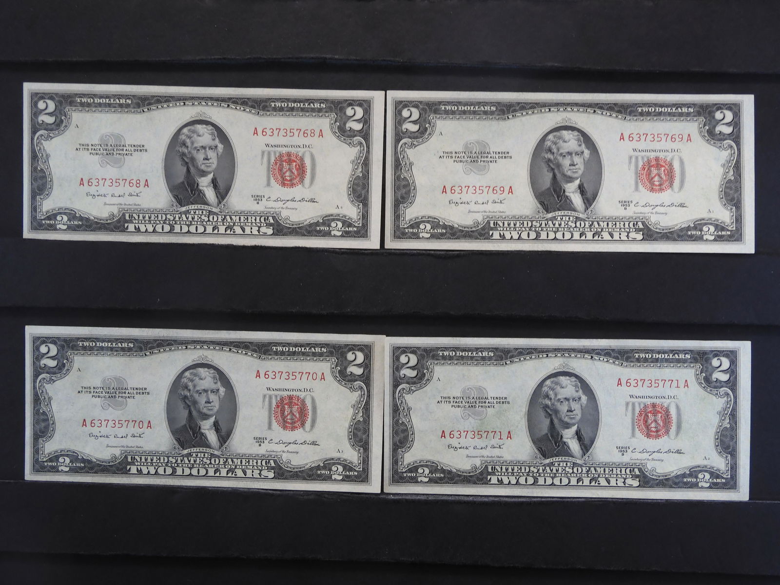 4 - 1953B $2 Red Seal Consecutive Serial Numbers. (1 of 3)