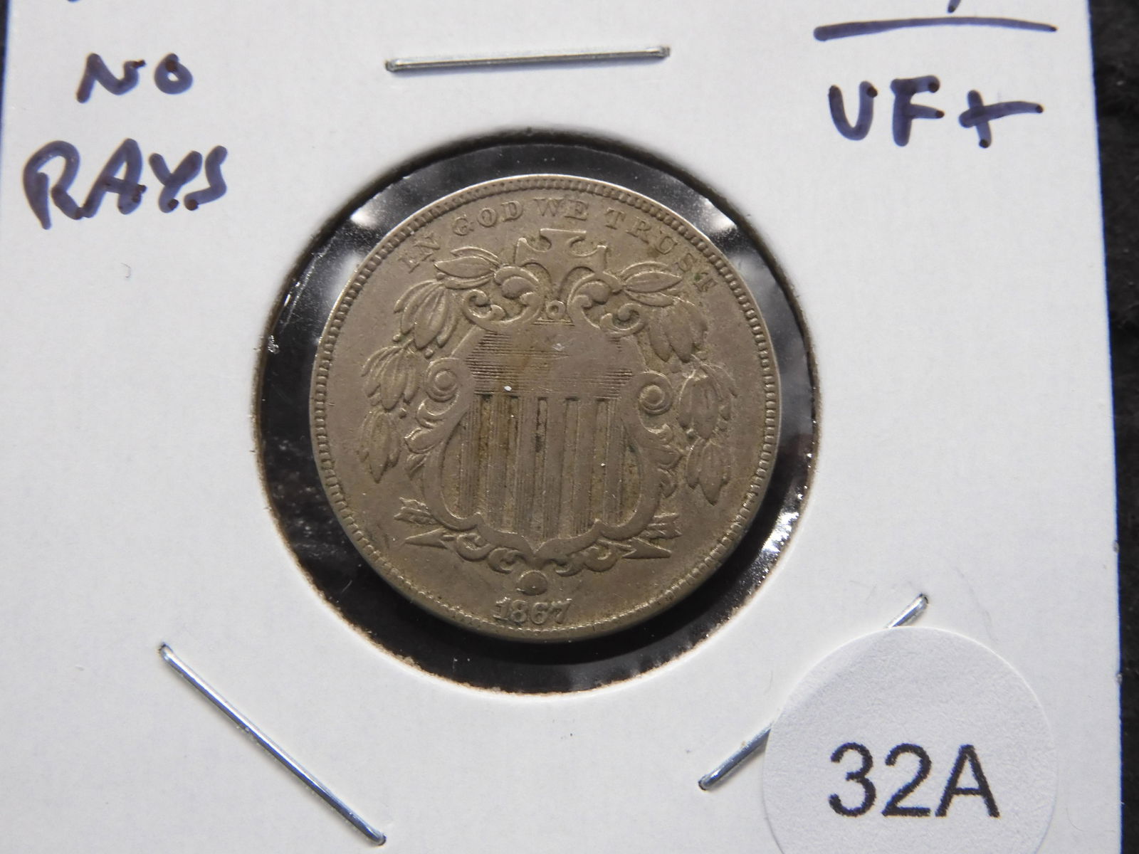 1867 No Rays Shield 5c.  VF+. (1 of 3)