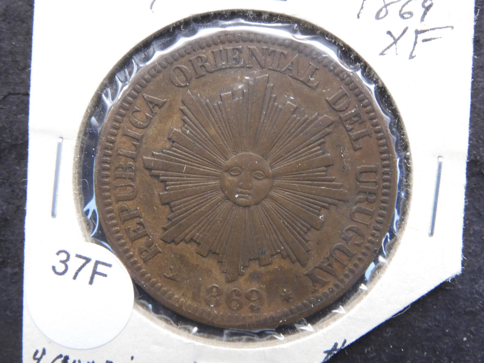 1869 Uruguay 4 Centesimos.  XF. (1 of 3)