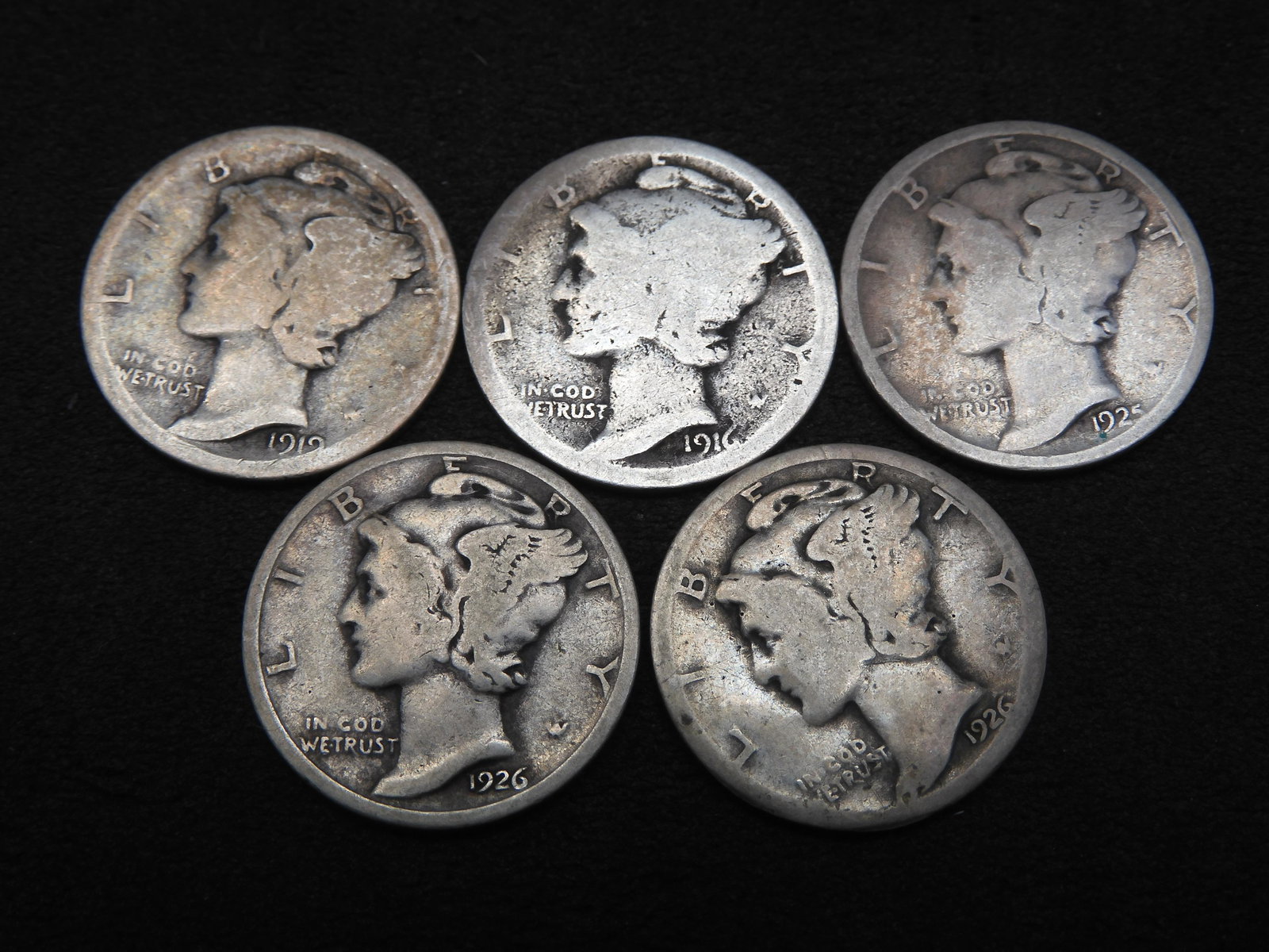 Five Mercury Dimes 1916-P, 19-S, 25-P, 26-P,  26-P (1 of 2)