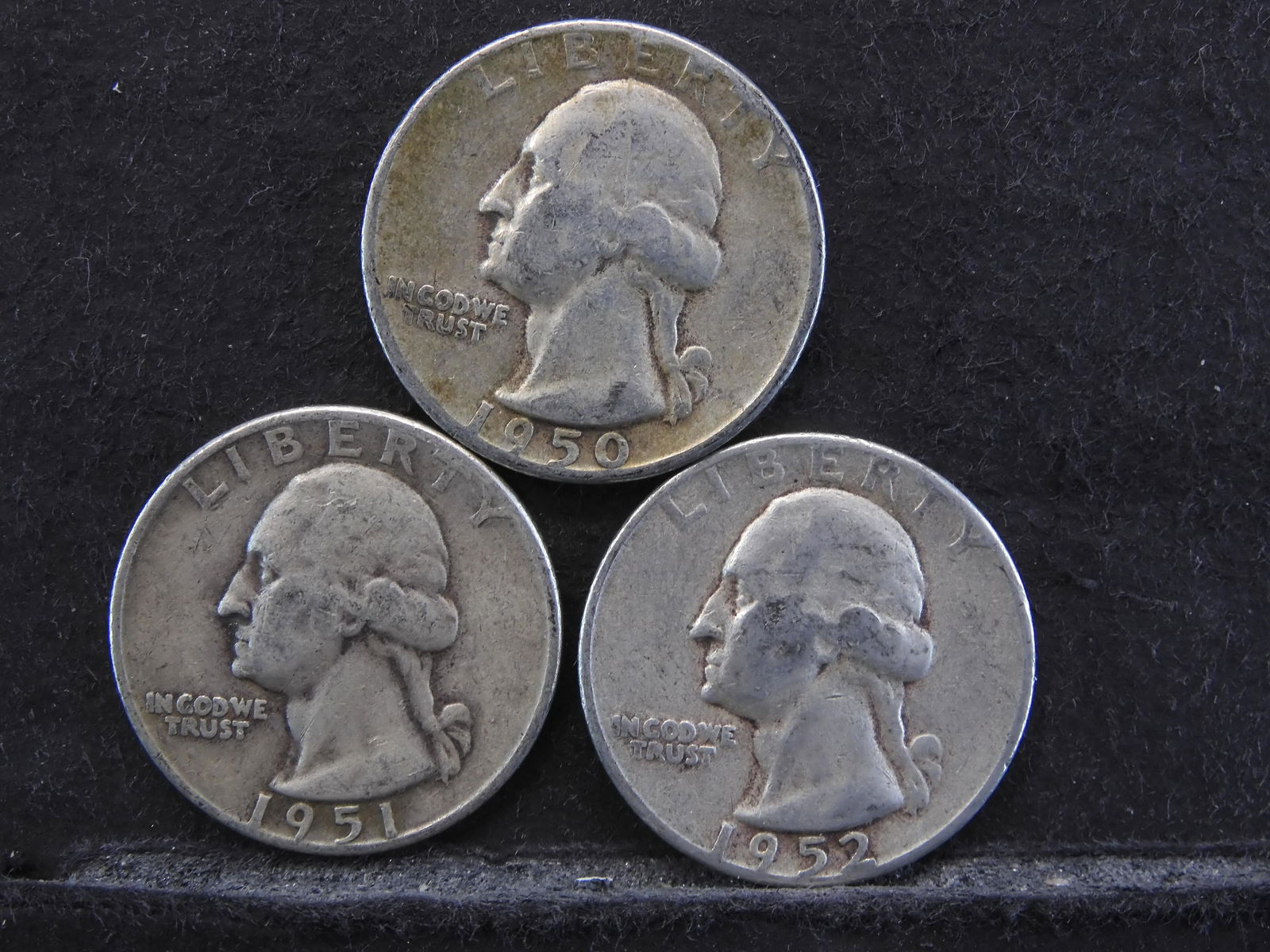 Three Silver Washington Quarters 1950, 1951-D, 1952 (1 of 2)