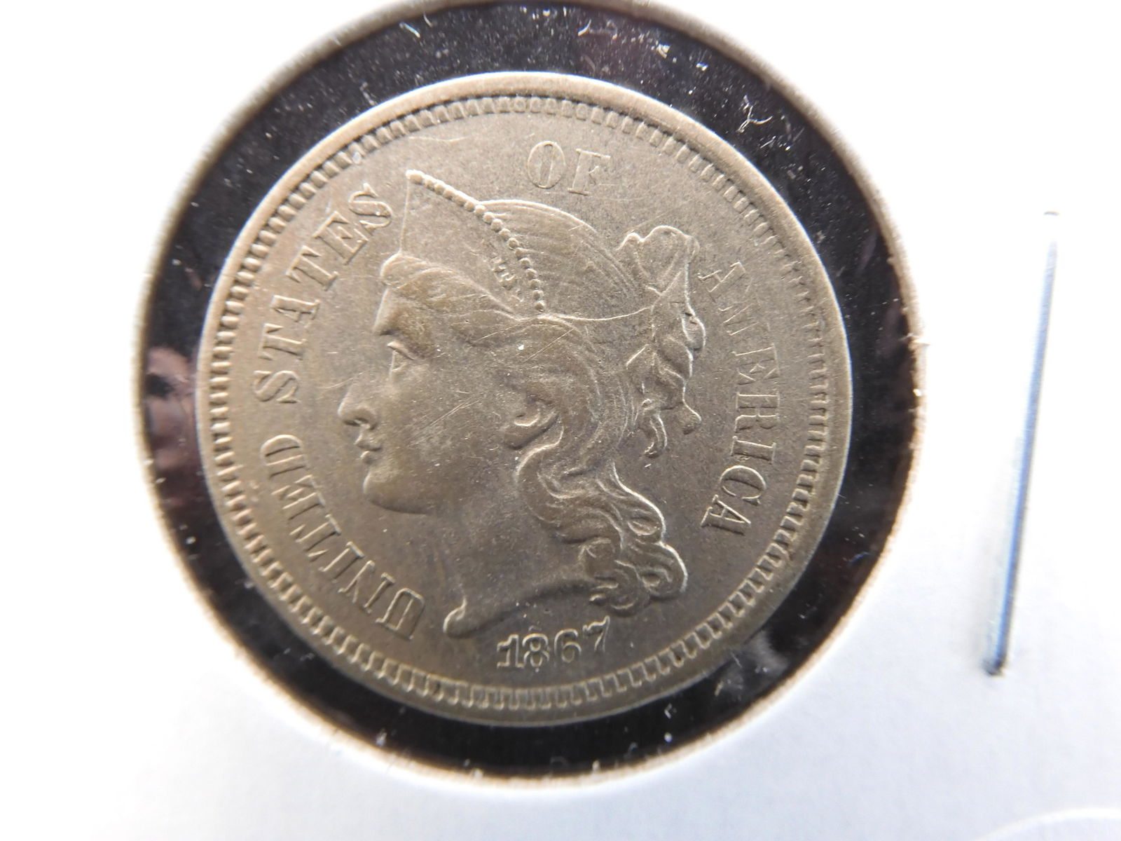 1867 Three Cent Nickel. Almost Uncirculated. (1 of 3)