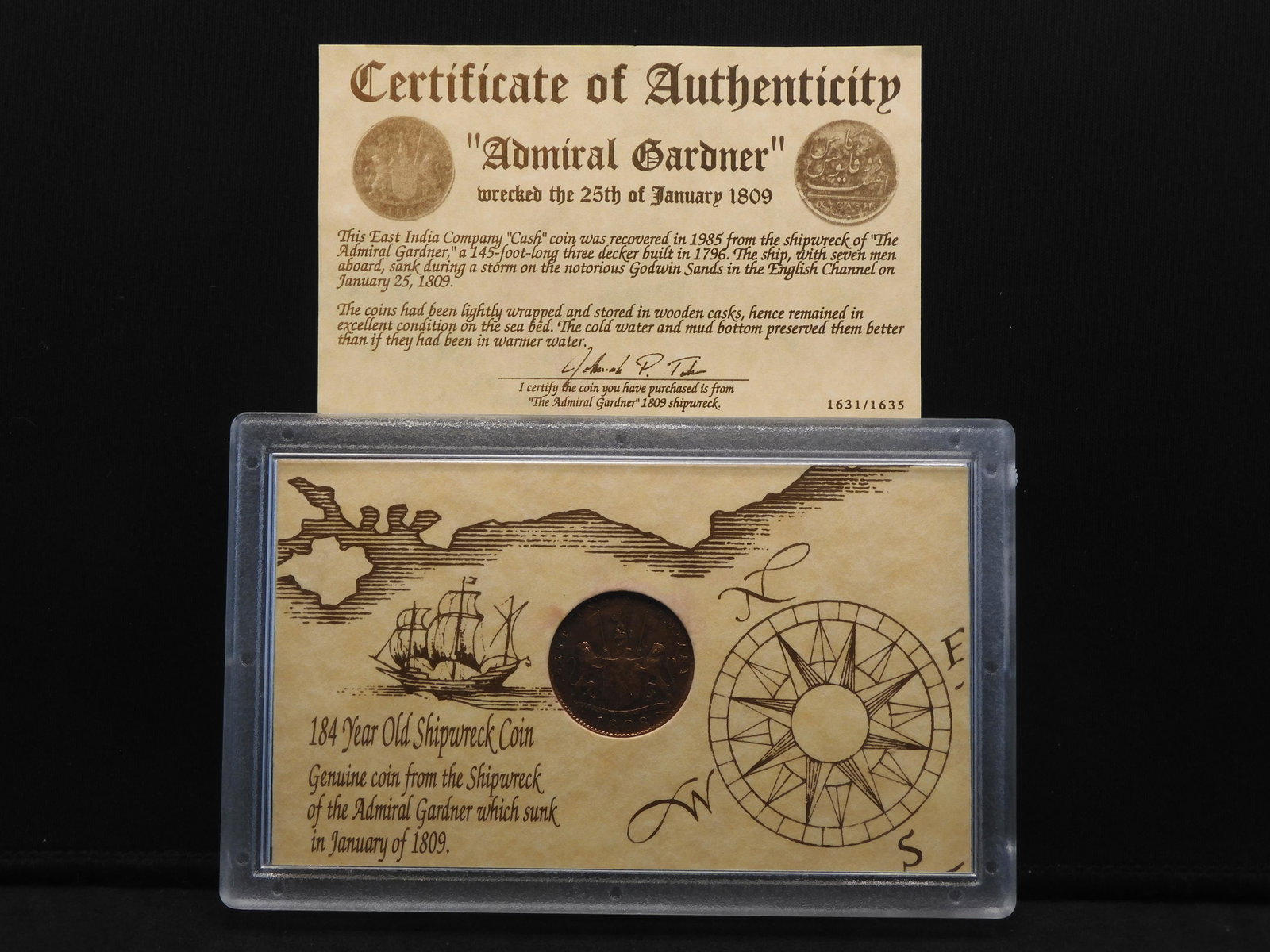 1808 East India "Cash" Coin Recovered From The "Admiral: 1808 East India "Cash" Coin Recovered From The "Admiral Gardner" Shipwreck With COA.