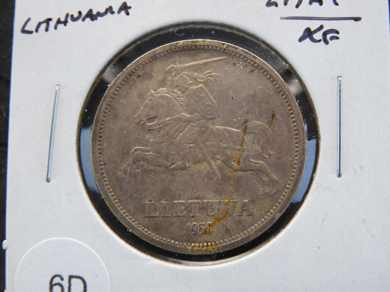 1936 Lithuania Silver 5 Litai.  XF. (1 of 3)