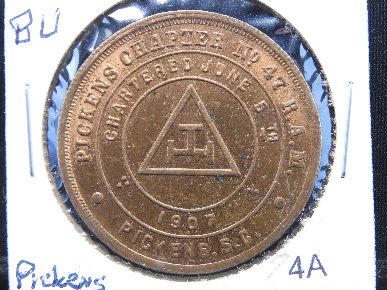 Super Red-Brown Pickens South Carolina Masonic Penny.: Super Red-Brown Pickens South Carolina Masonic Penny. Definitely uncirculated.