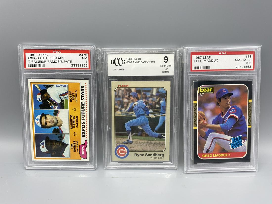 Lot of 3 Graded Rookies - PSA Greg Maddux & Tim Raines, (1 of 2)