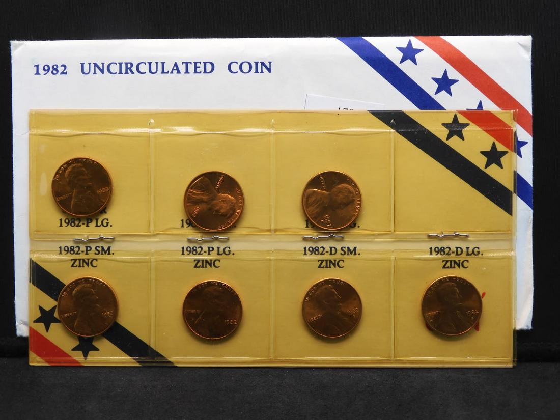 1982 Lincoln Cent Variety Set - 7 Coins in the Set w/: 1982 Lincoln Cent Variety Set - 7 Coins in the Set w/ Envelope