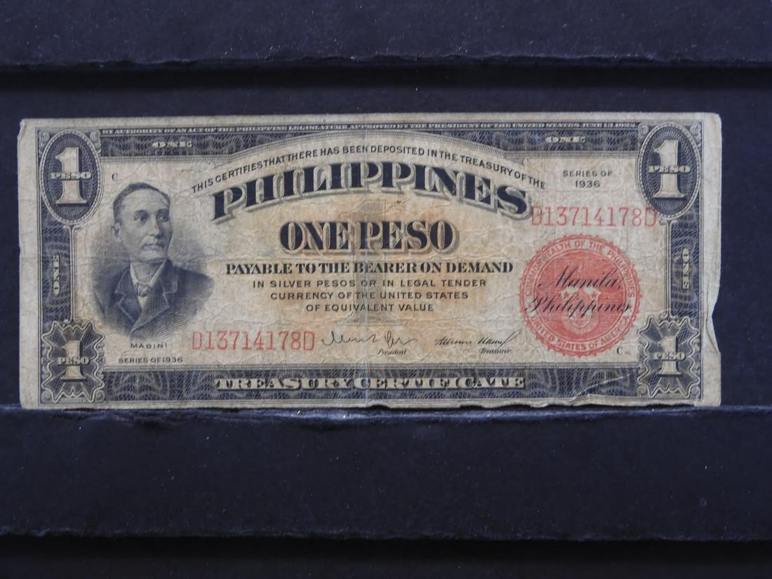 1936 Philippines 1 Peso Note Circulated.  Scarce. (1 of 3)