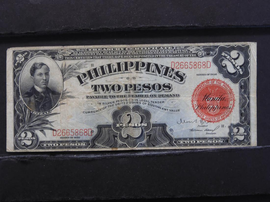 1936 Philippines 2 Pesos Note. Circulated. (1 of 3)