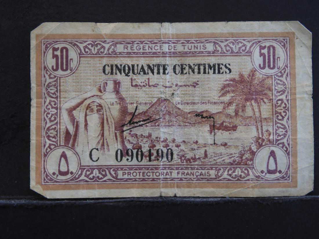 1943 Tunisia 50 Centimes Note Circulated.  Scarce. (1 of 2)