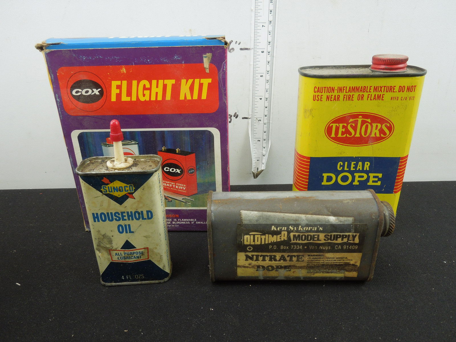 Cox Flight Kit, Testors Dope, Sunoco Oil Can, Etc. (1 of 2)
