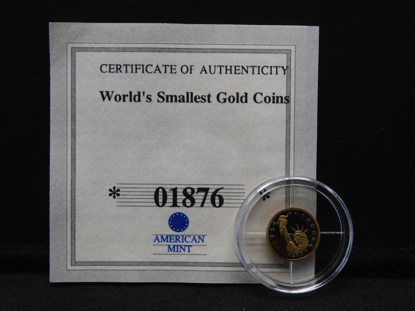 Gold - World's Smallest Gold Coin! - 2008 Proof  0.5 G, .585 Gold - History of Statue of Liberty w/ (1 of 5)