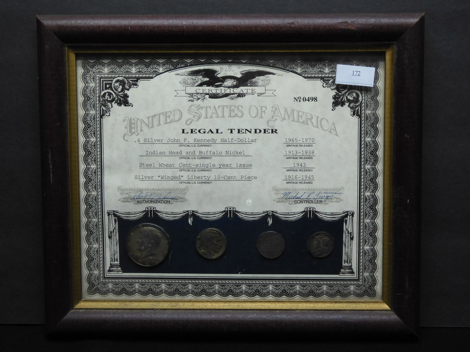 Framed U.S. Legal Tender  w/ 40% Silver Kennedy Half, Buffalo Nickel, Steel Cent & Mercury Dime (1 of 6)