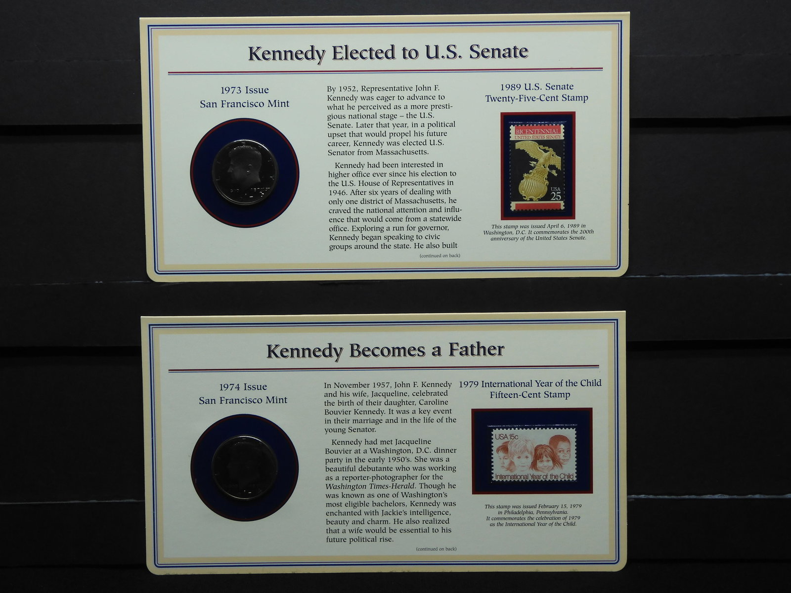 1973 & 1974 San Francisco Kennedy Half Dollars w/ 2 Postal Stamps - Elected to U.S. Senate & (1 of 11)