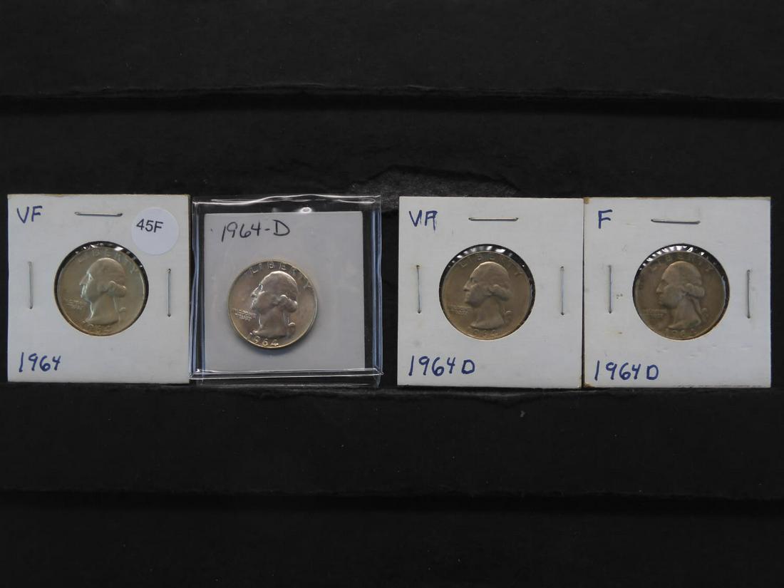 Four 90% Silver Washington Quarters (3) 1964-D & (1) 1964 (1 of 4)