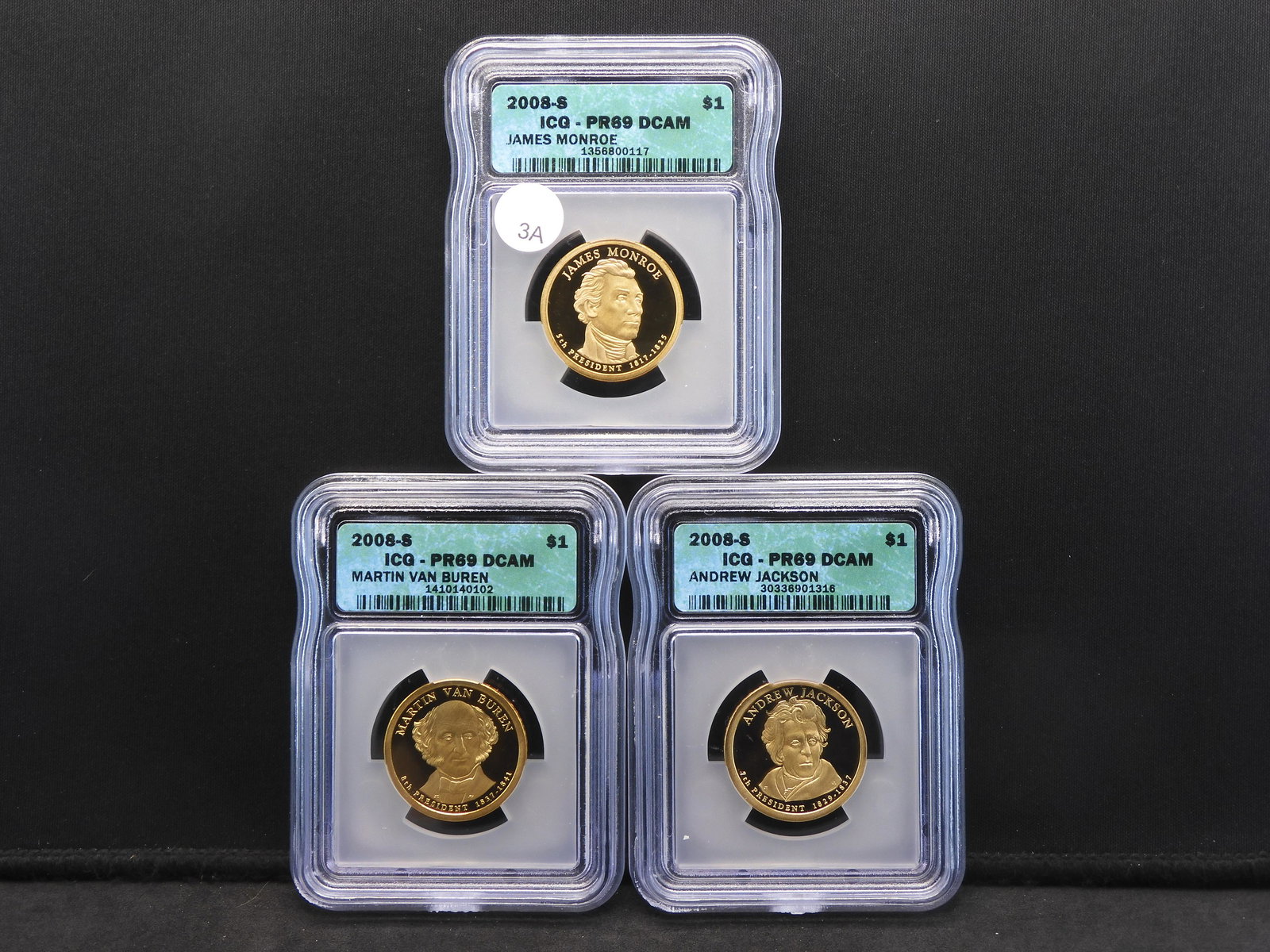 (3) 2008-S Presidential Dollars:  Monroe, Van Buren, and Jackson.  Slabbed by ICG (Respected Grader) (1 of 13)
