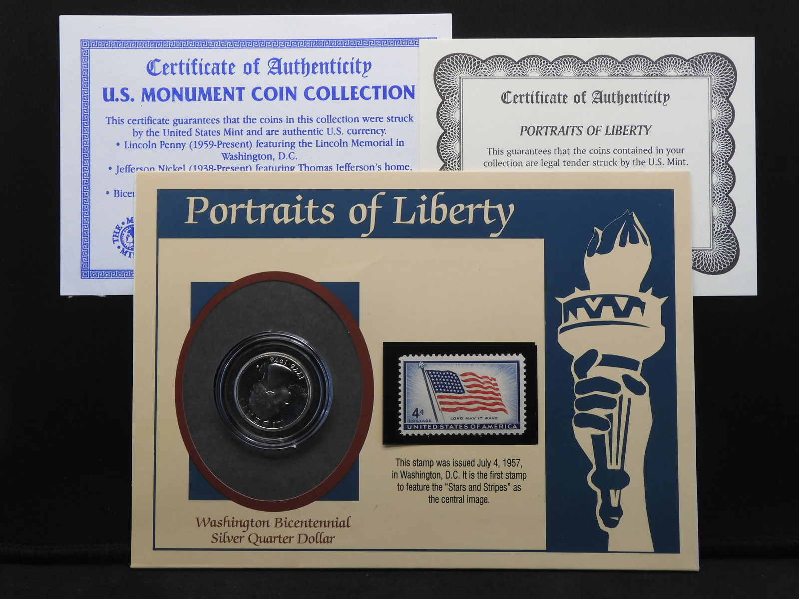 Portraits of Liberty 1976-S Washington Bicentennial Silver Quarter w/ 4 -Cent Postal Stamp: Portraits of Liberty 1976-S Washington Bicentennial Silver Quarter w/ 4 -Cent Postal Stamp