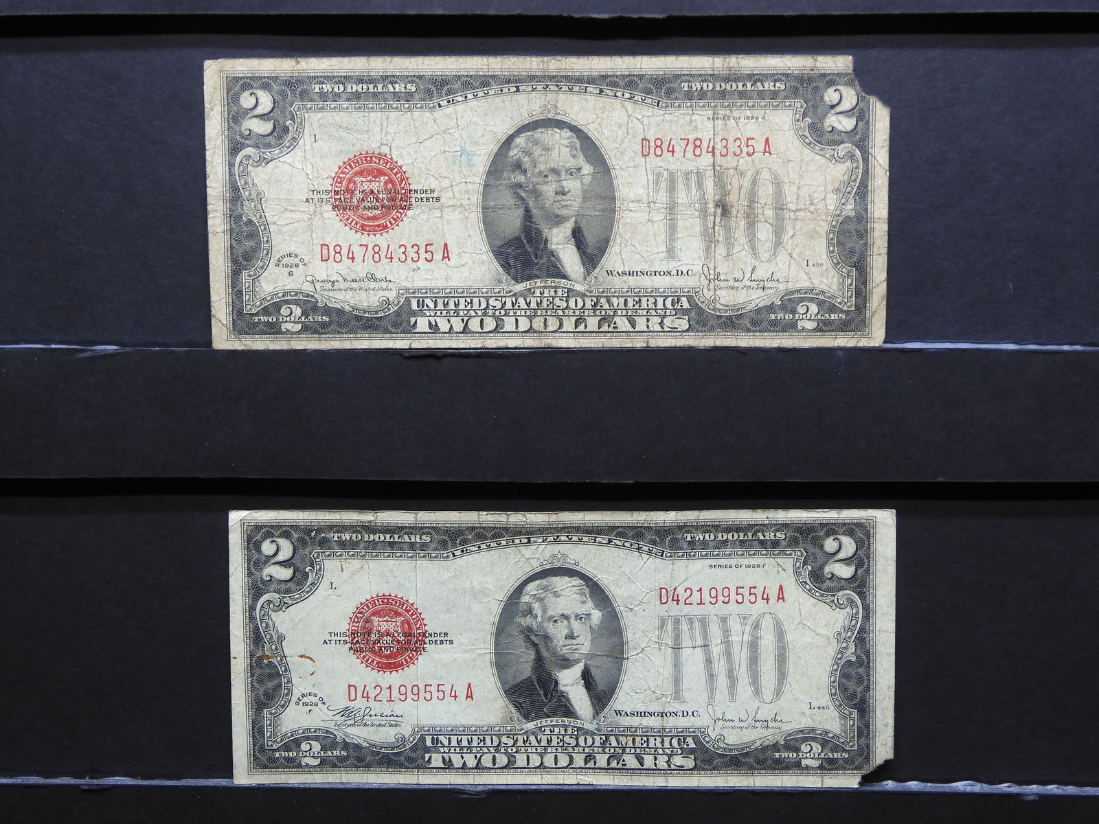 1928-F & 1928-G $2 Red Seal United States Notes.  Thomas Jefferson Portrait.  Serial #'s D42199554A (1 of 8)