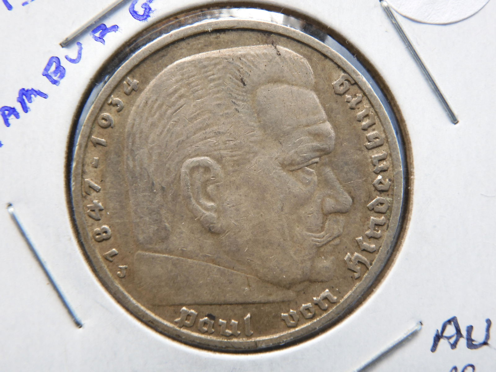 1936-J Germany Silver 5 Marks.  Has Historical symbol. (1 of 3)