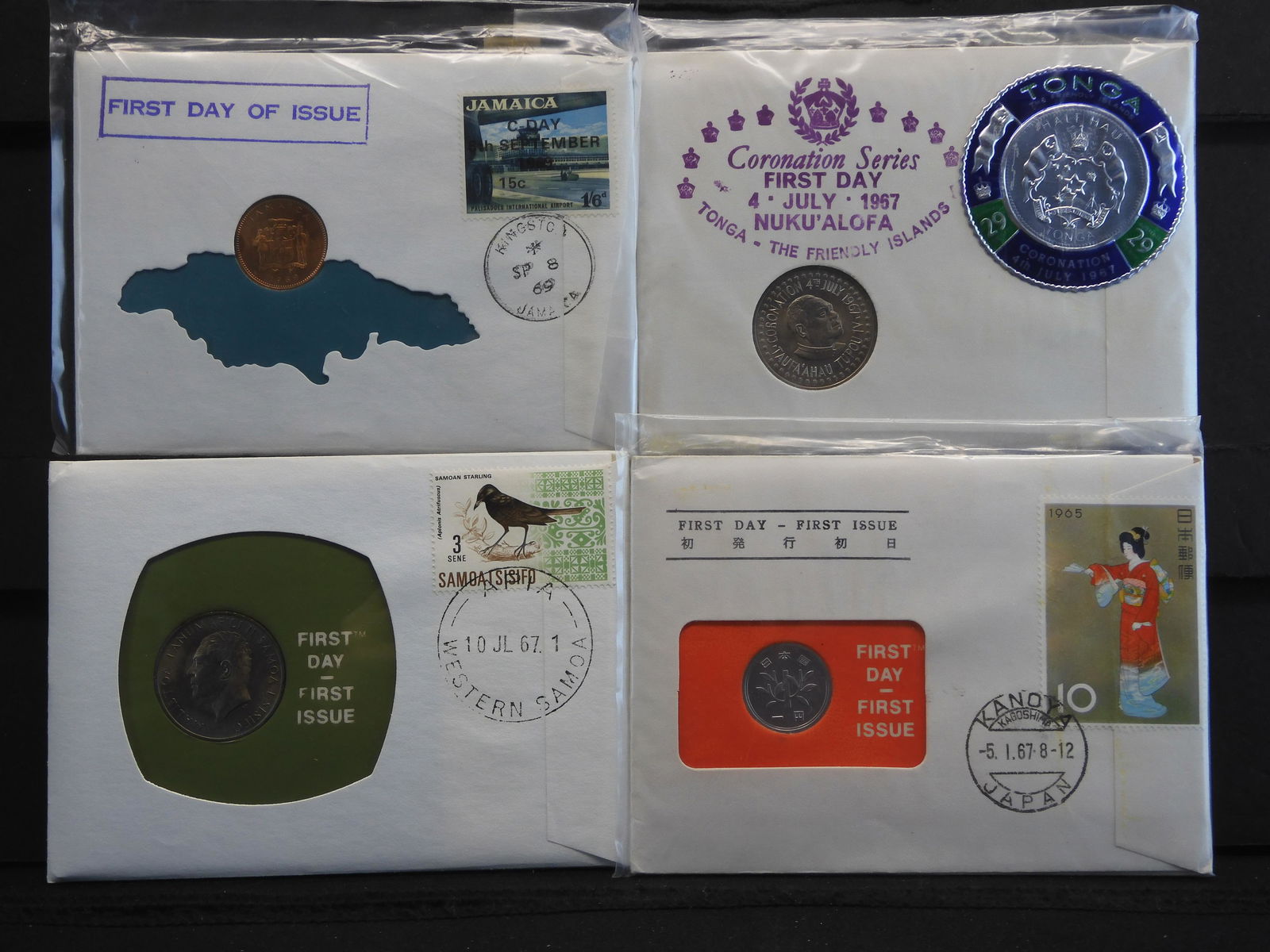 4 - First Day Of Issue Covers W/Coins.  Western Samoa, Japan, Jamaica, + Tonga. (1 of 14)