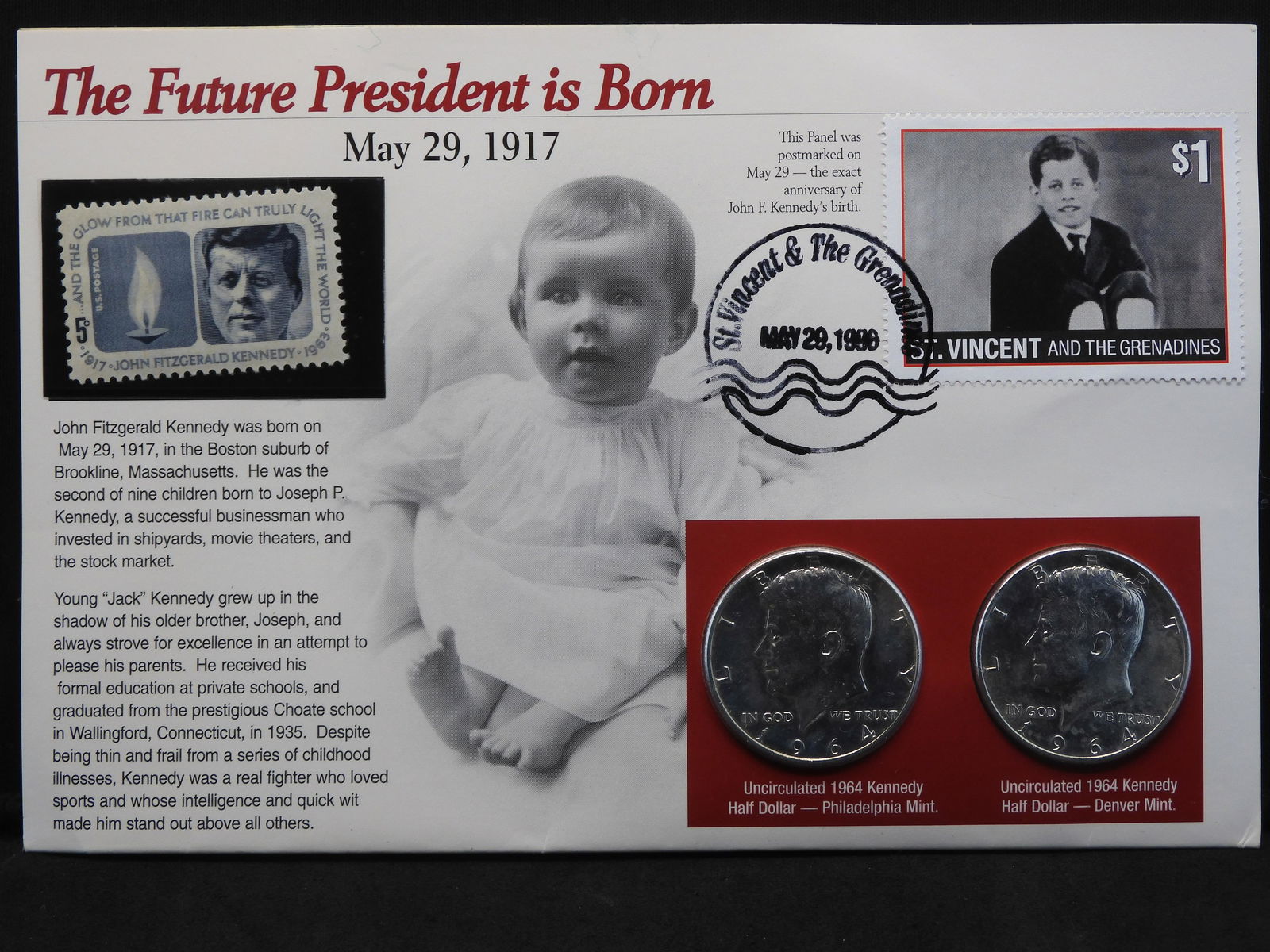 The Future President is Born May, 29, 1917 - 1964 P & D Kennedy Silver Half Dollars w/ Postal Stamp (1 of 6)