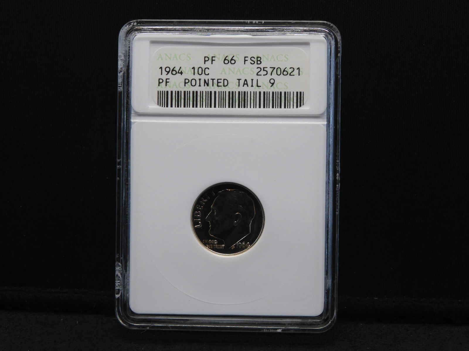 1964 ANACS PF66 FSB Pointed Tail 9 Roosevelt Silver Dime Neat Variety! (1 of 4)