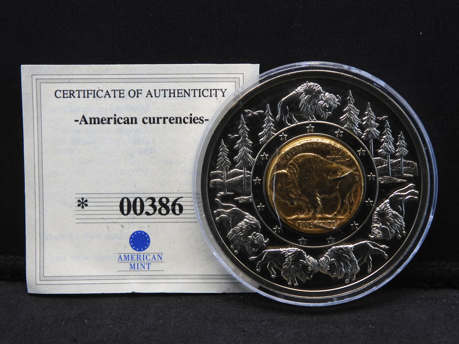 2001 Proof Gold Plated Inlay Buffalo Nickel & Medallion Set - American Currencies Series - COA: 2001 Proof Gold Plated Inlay Buffalo Nickel & Medallion Set - American Currencies Series - COA