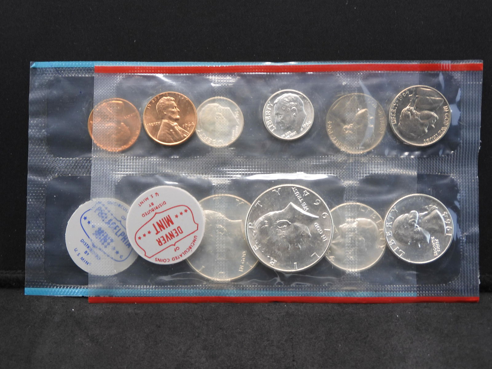 1964 P/D 10 Coin 90% silver US Mint Set.  GEM BU.  First two Kennedy Halves. (1 of 5)
