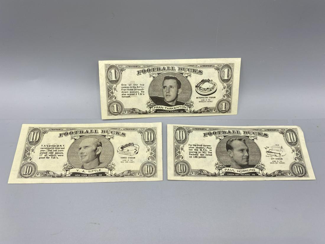 1962 Topps Football Bucks Star Players - Fran Tarkenton, Y.A. Tittle, Paul Hornung - Varying: 1962 Topps Football Bucks Star Players - Fran Tarkenton, Y.A. Tittle, Paul Hornung - Varying Conditions
