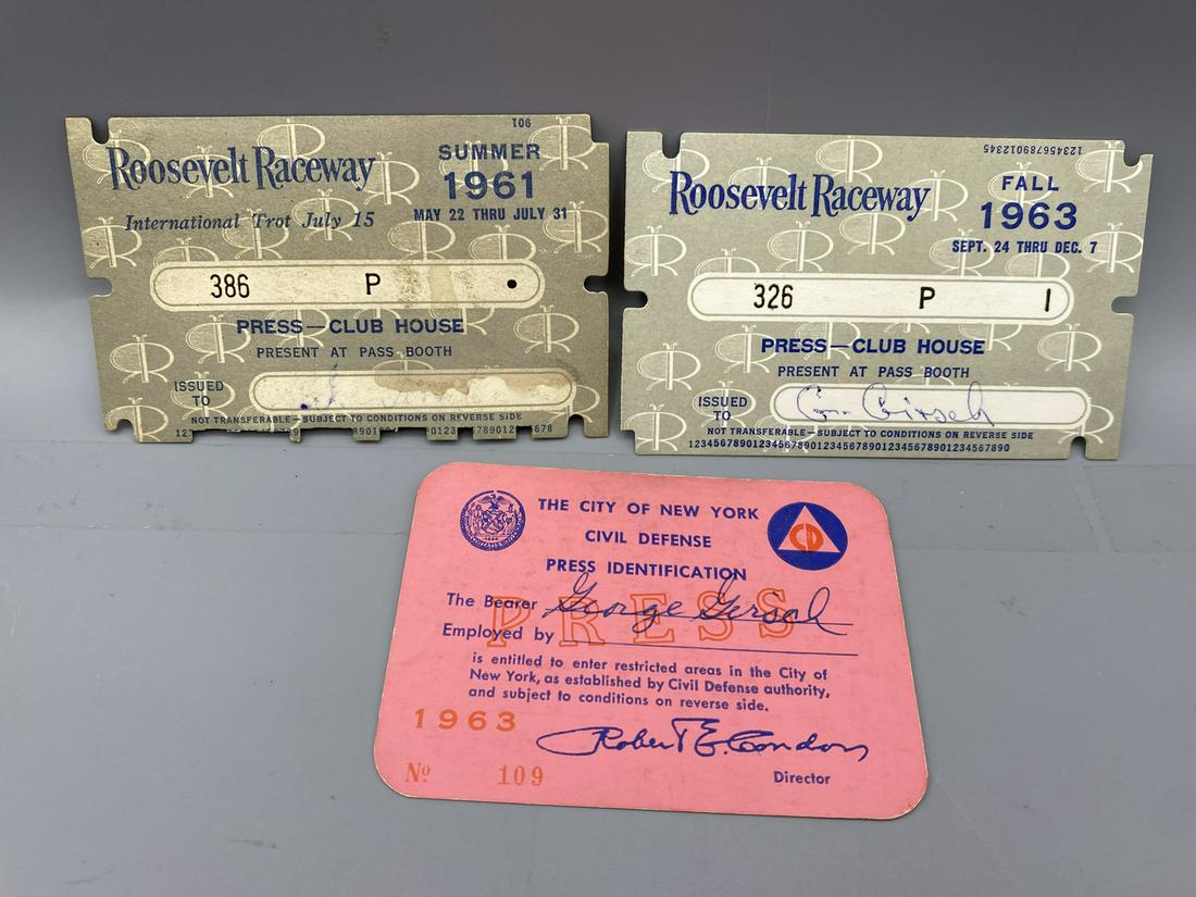 1961 & 1963 Press Passes of George Girsch - Sports Writer/Journalist - Roosevelt Raceway & Civil: 1961 & 1963 Press Passes of George Girsch - Sports Writer/Journalist - Roosevelt Raceway & Civil Defense Pass