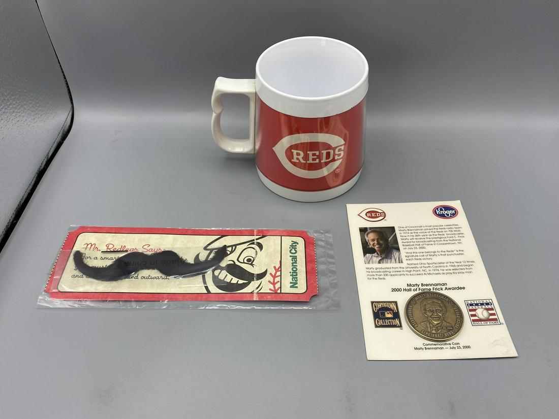 Cincinnati Reds Mug, Mr. Redlegs Mustache, Marty Brennaman HOF Coin: Cincinnati Reds Mug, Mr. Redlegs Mustache, Marty Brennaman HOF Coin