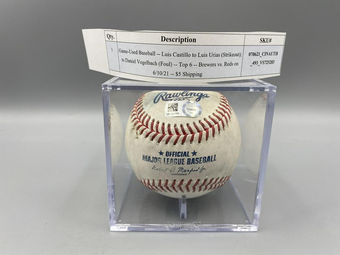Cincinnati Reds MLB Authentic Game Used Baseball - Luis Castillo To Luis Urias Strikeout, To Daniel (1 of 2)