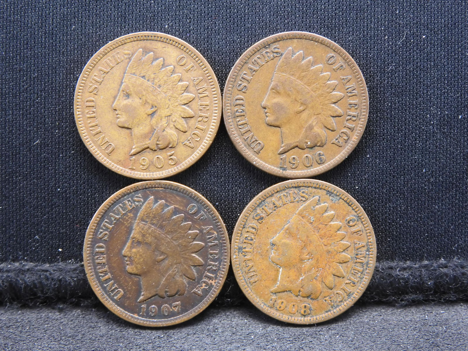 (4) Full Liberty Indian Cents:  1905, 1906, 1907, and 1908. (1 of 2)