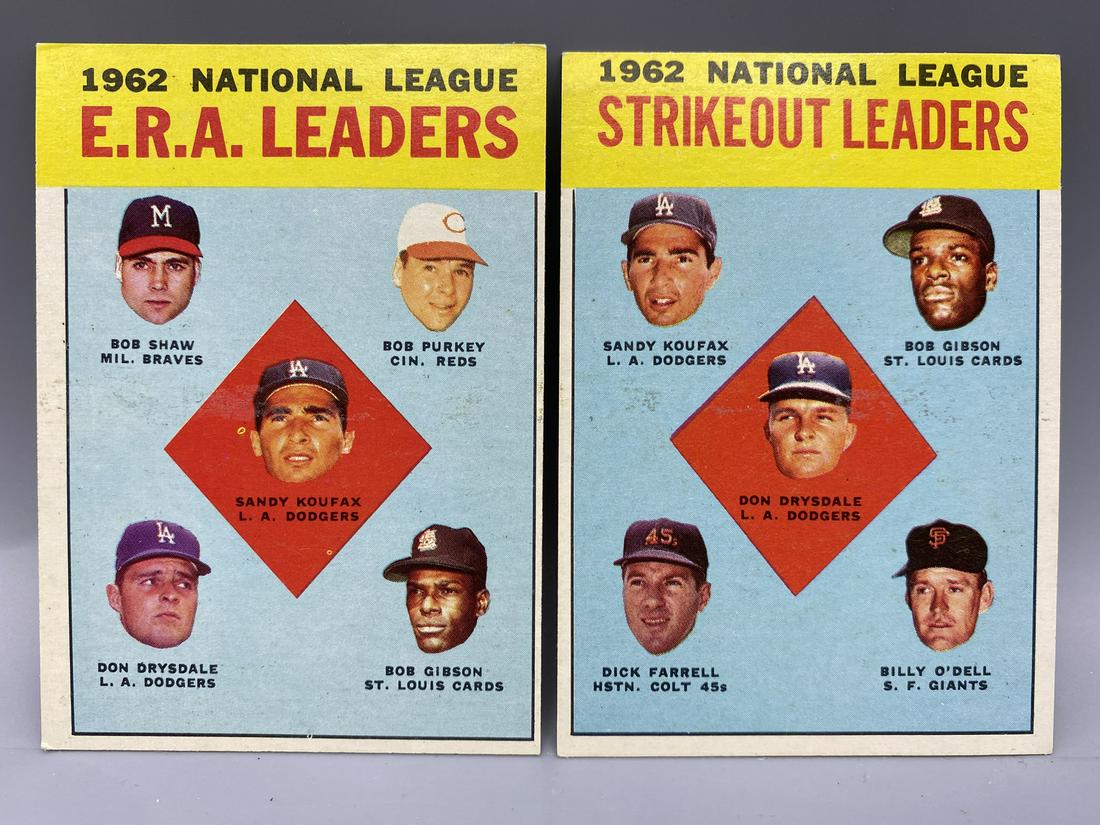 1963 Topps NL ERA AVG. Leaders #5 & NL Strikeout Leaders #9 - Sandy Koufax, Don Drysdale, Bob Gibson: 1963 Topps NL ERA AVG. Leaders #5 & NL Strikeout Leaders #9 - Sandy Koufax, Don Drysdale, Bob Gibson