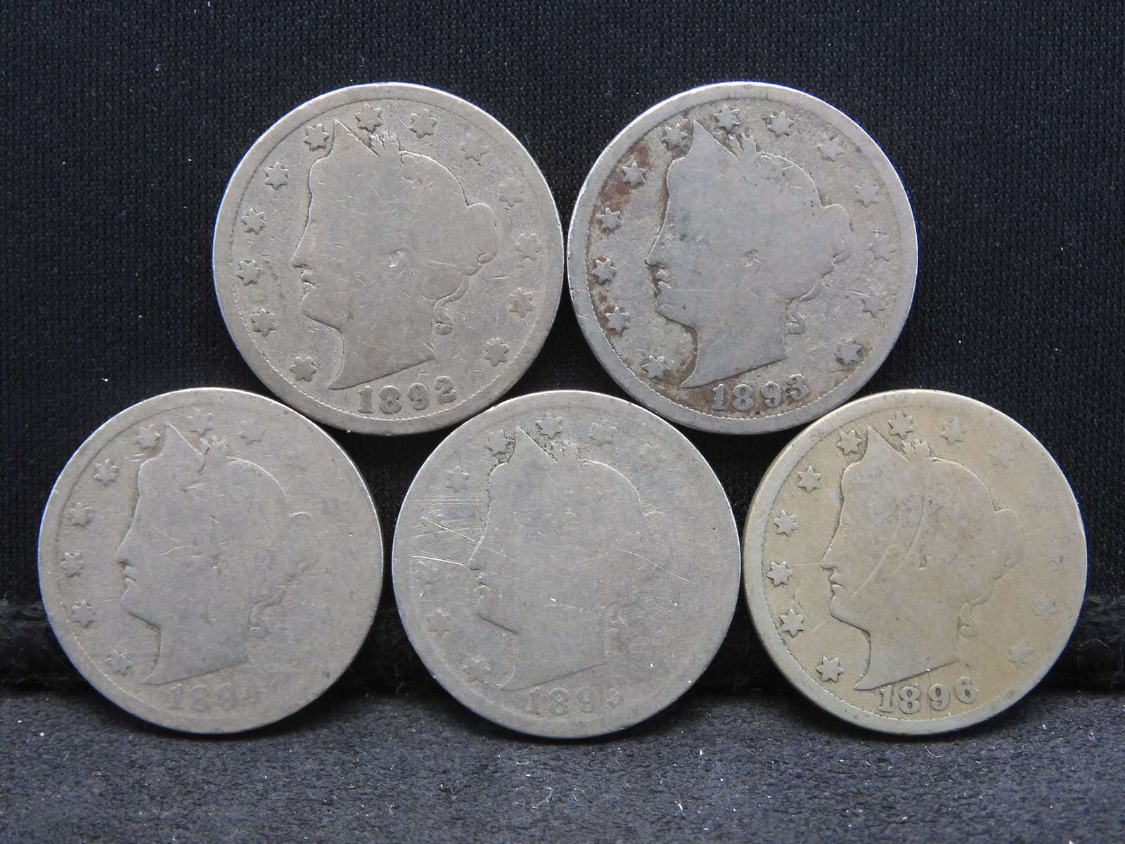 (5) early V Nickels:  1892, 93, 94, 95, and 96.  Circulated.  94 and 96 = tough dates. (1 of 2)