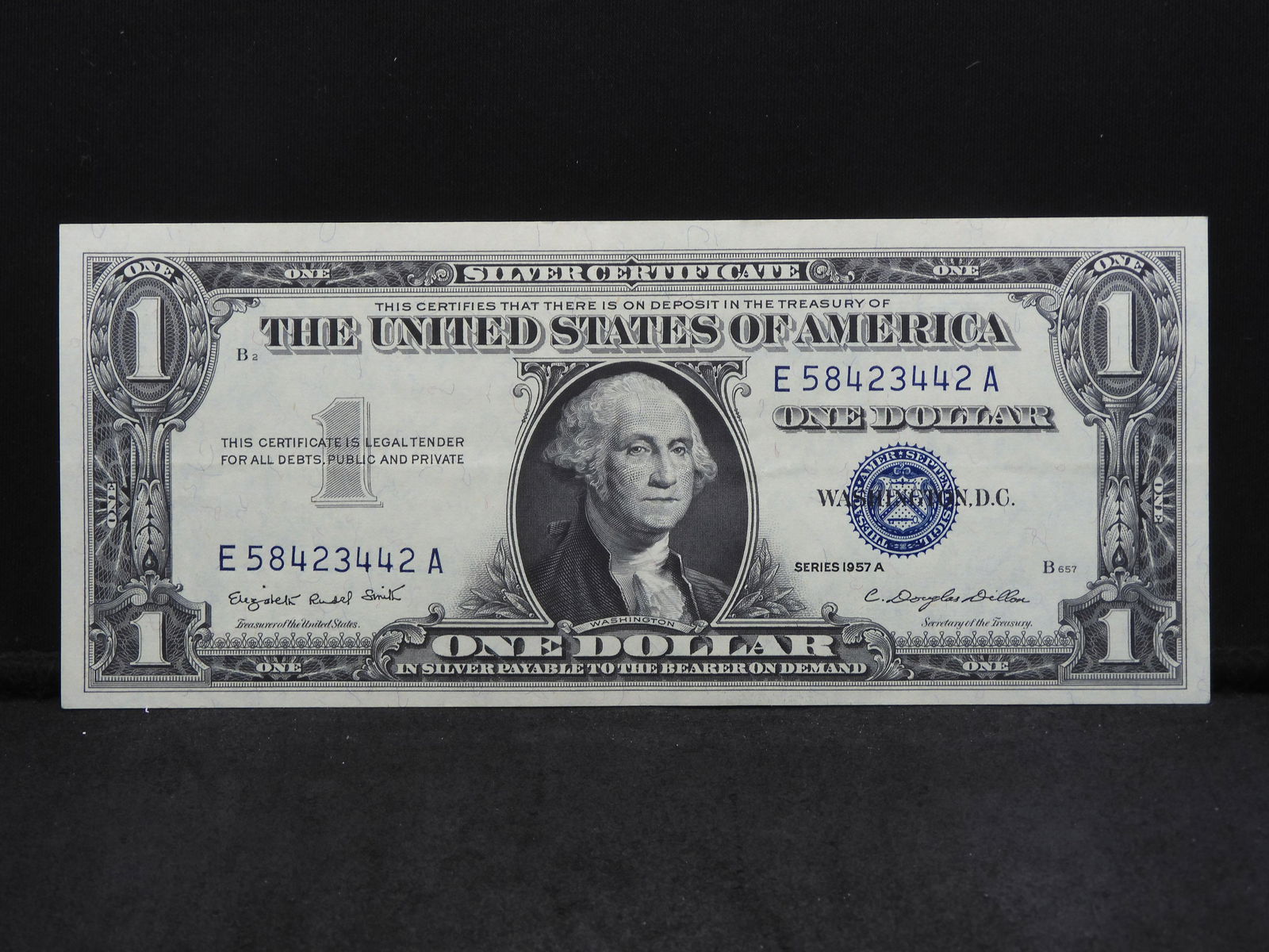 1957-A Brilliant Uncirculated $1 Blue Seal Silver Certificate.  Serial #  E58423442A (1 of 3)