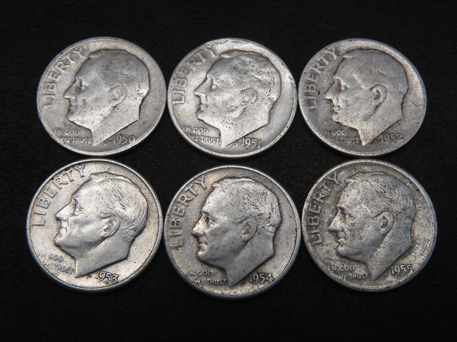 1950, 1951, 1952, 1953, 1954, 1955-D Roosevelt Dimes - 6 Consecutive Dates (90% Silver) (1 of 2)