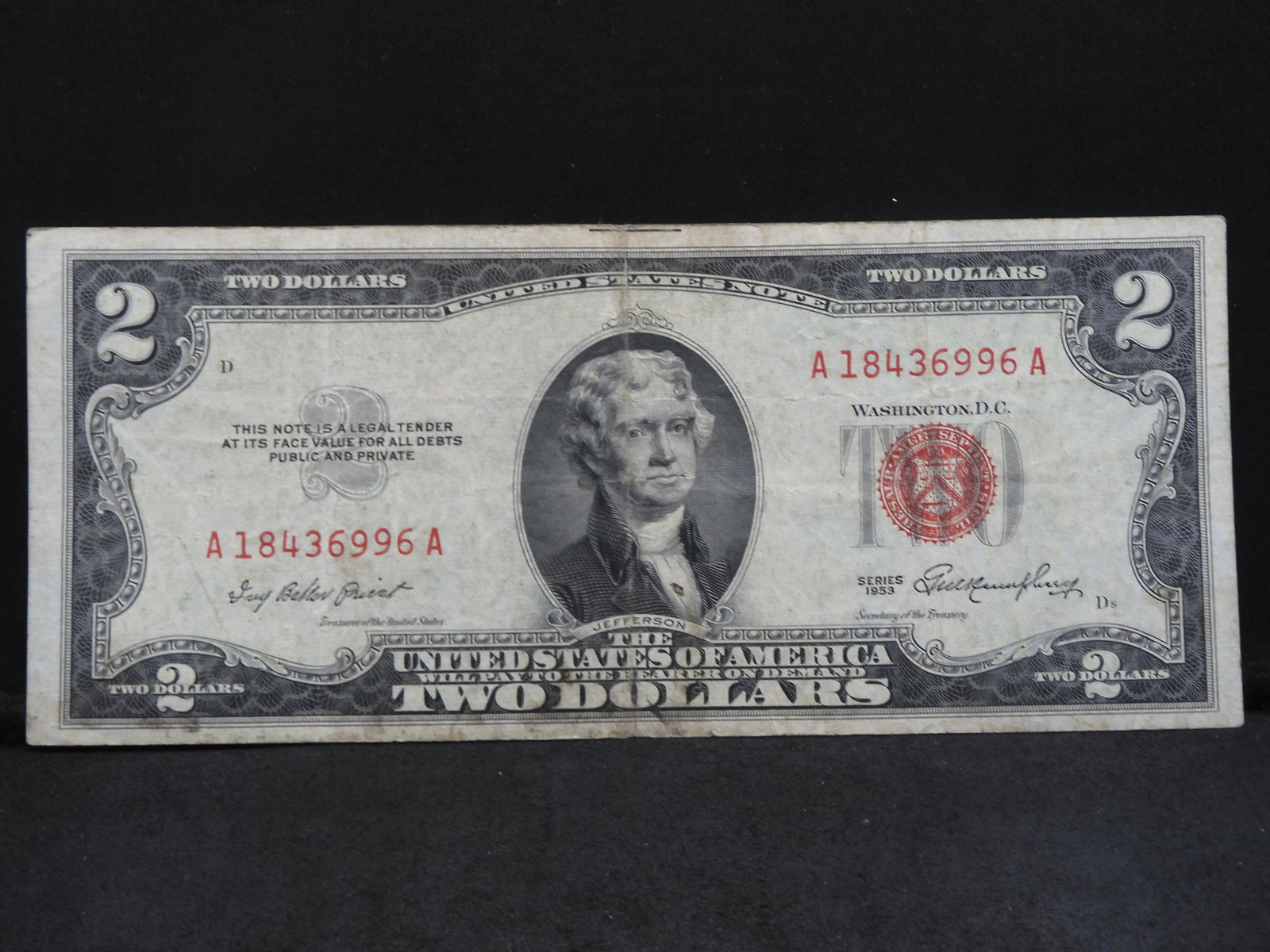 1953 $2 Red Seal United States Note. Thomas Jefferson Portrait. Serial # A18436996A: 1953 $2 Red Seal United States Note. Thomas Jefferson Portrait. Serial # A18436996A