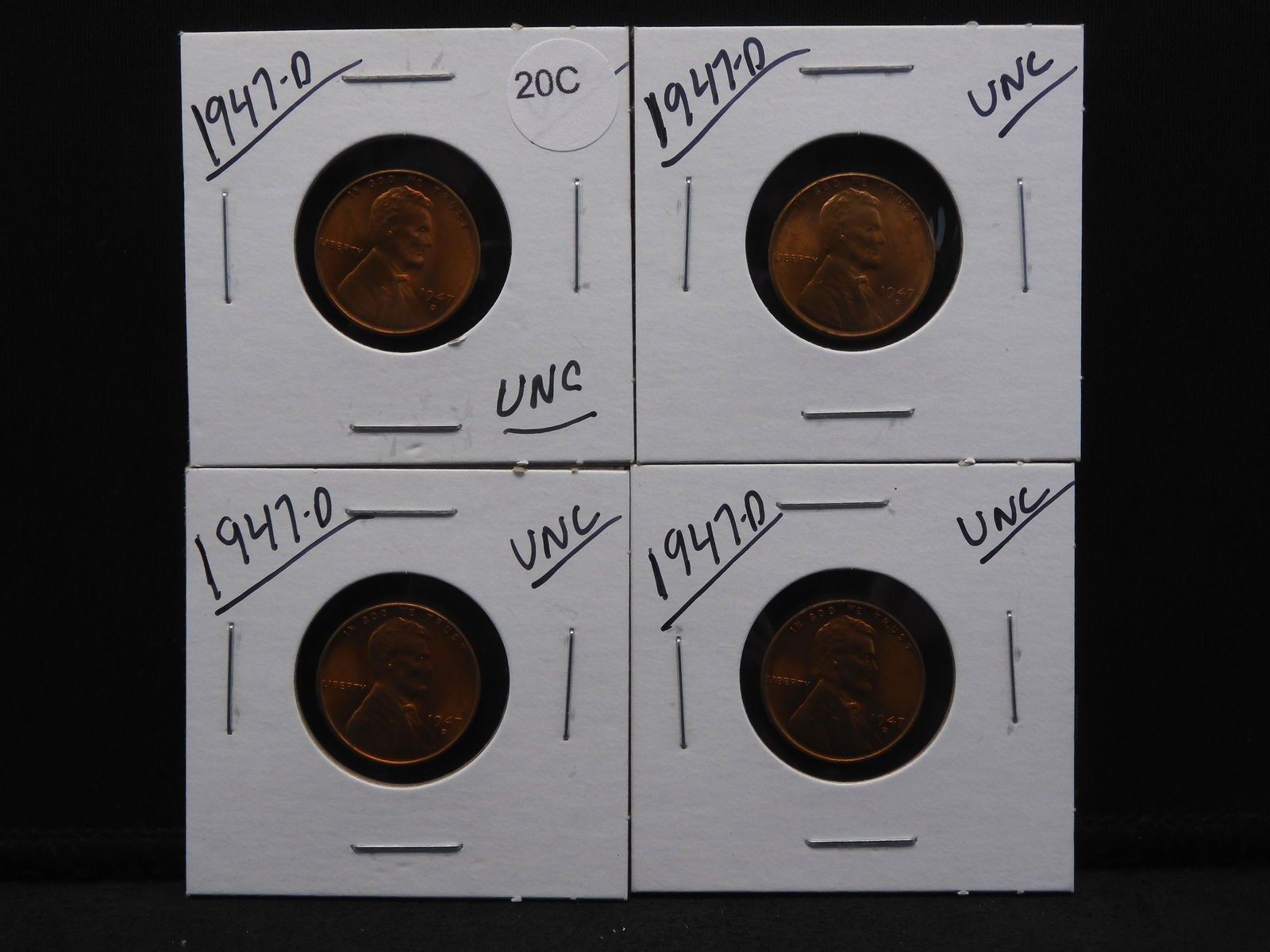 Four 1947-D Lincoln Wheat Cents Red Unc. (1 of 9)
